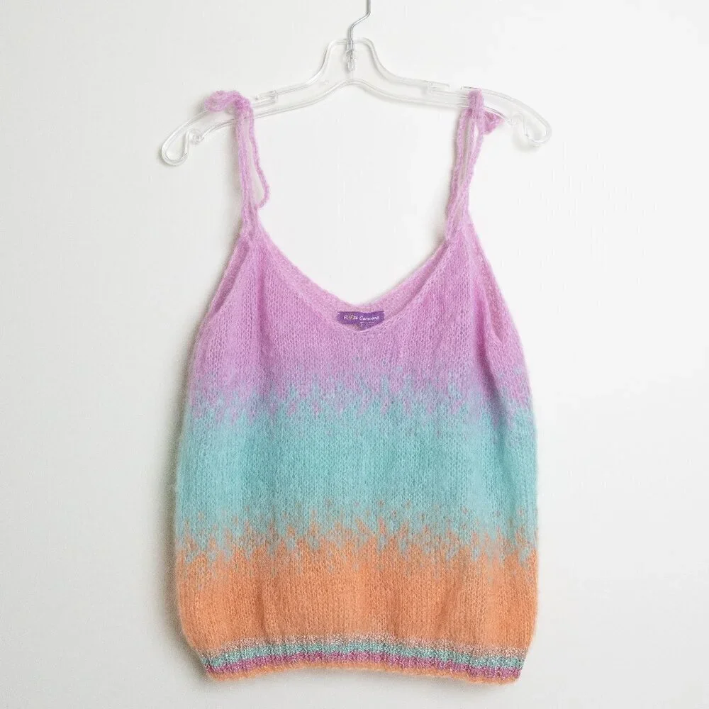 Rose Carmine Handknit Mohair Wool Blend Ombré Tank Top Pastel Rainbow Size 1 - Picture 2 of 12